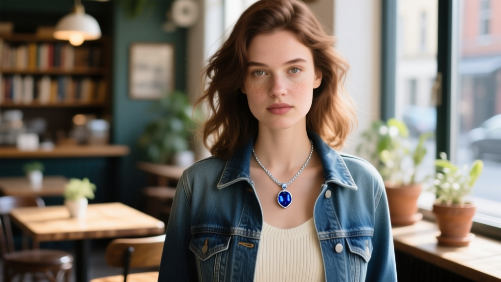 Woman wearing a blue sapphire pendant necklace with a denim jacket, soft window lighting, everyday subtle fandom fashion outfit