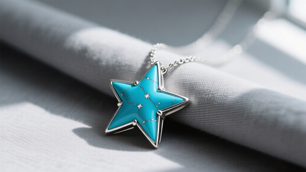 Close-up of a sterling silver turquoise star necklace on grey linen, highlighting the vibrant blue stone and detailed star points.
