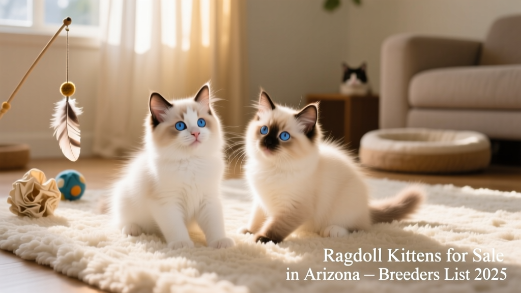 Two Ragdoll kittens playing together on a soft rug, showcasing their signature pointed coloring and expressive blue eyes