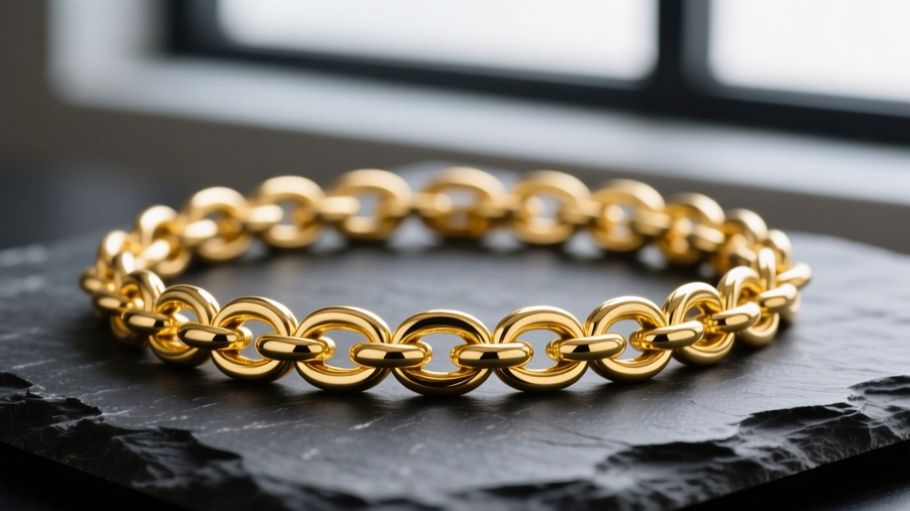 Macro shot of a 14k gold filled rope chain on dark slate, highlighting the rich yellow gold luster and intricate link details
