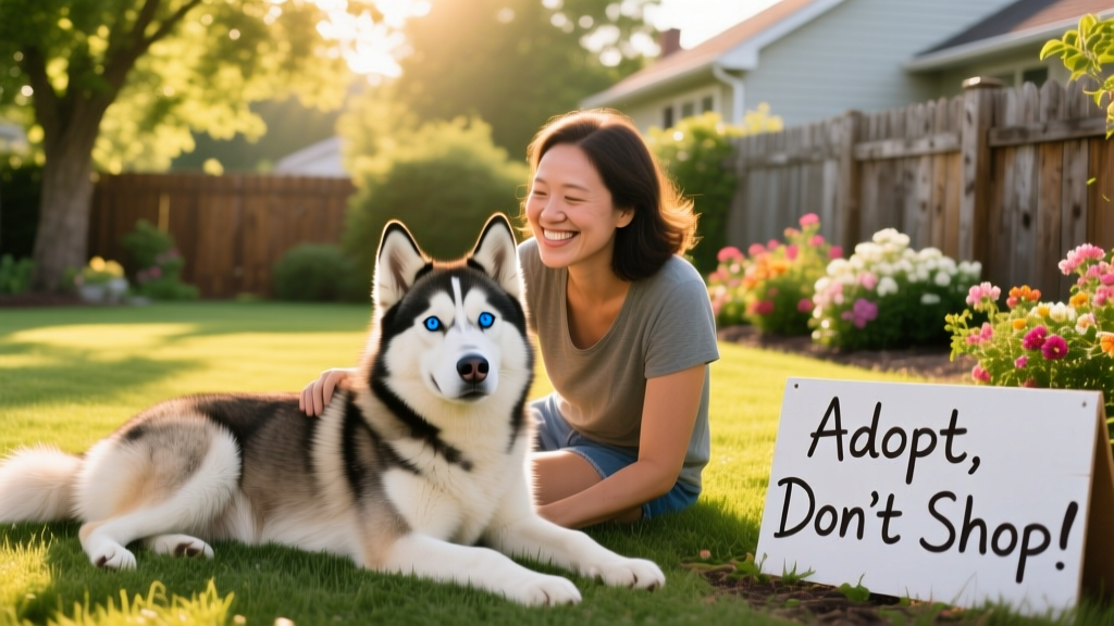 A calm, friendly Siberian Husky sitting beside a smiling adult in a sunny backyard
