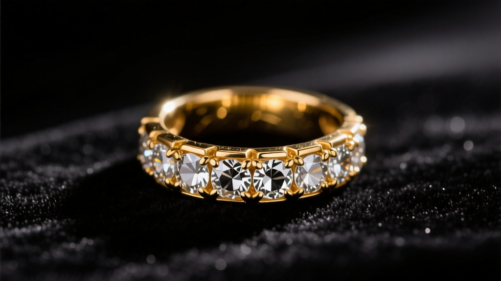 Vintage rhinestone and gold-plated brass cocktail ring on dark velvet, illuminated by soft warm directional studio lighting.