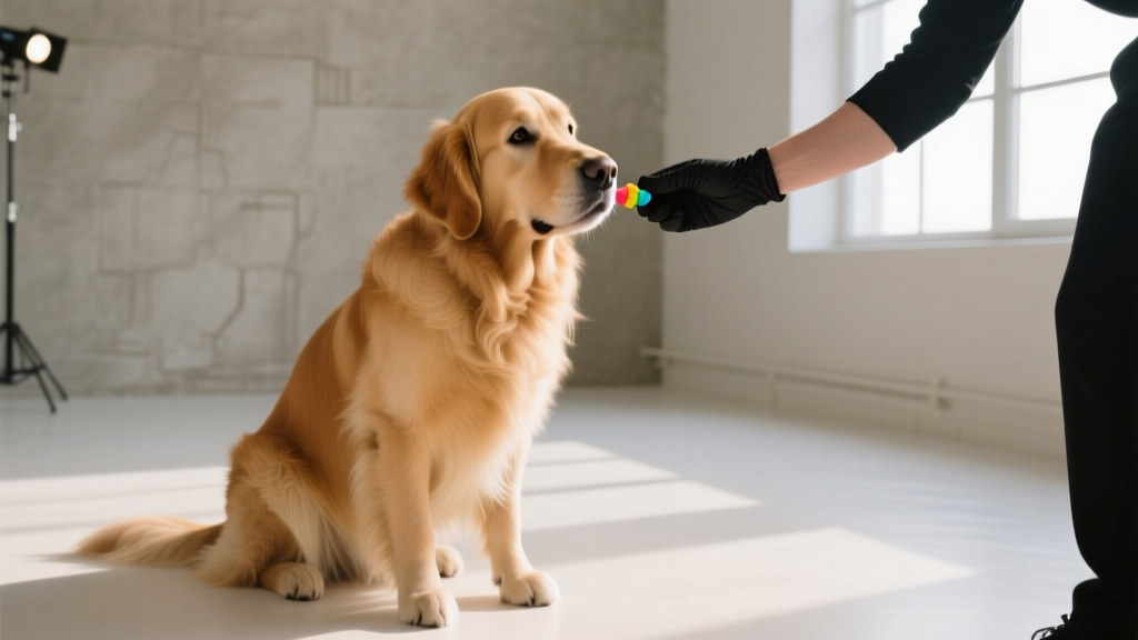 A golden retriever sitting calmly while receiving a small treat from a trainer hand during a positive reinforcement session.