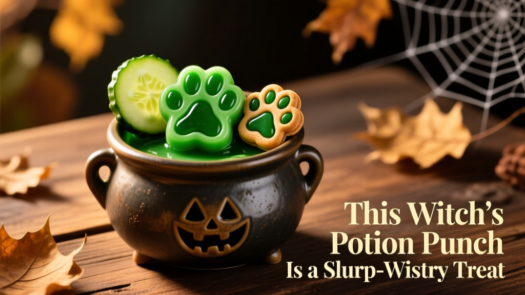 A vibrant green dog treat in a cauldron-shaped bowl, garnished with a cucumber slice and a tiny paw-print cookie