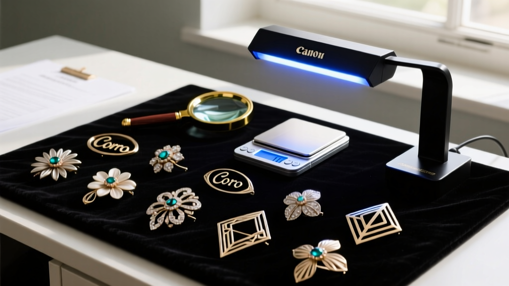 Beginner jewelry appraisal desk setup featuring a 10x loupe, blacklight UV lamp, digital scale, and assorted signed Coro brooches.