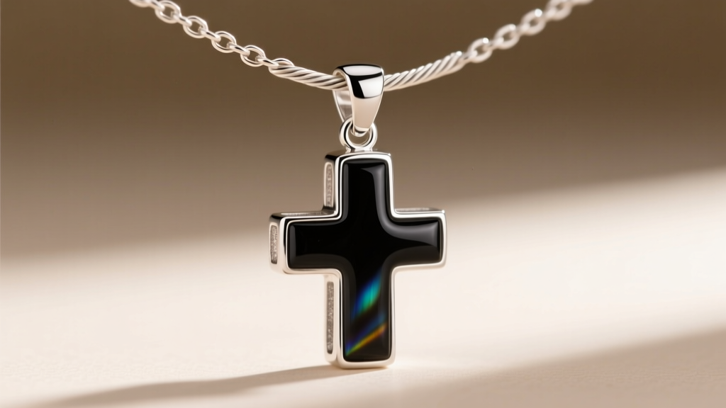 Close-up of a 1.2mm cable chain threading through a polished sterling silver bail on a black onyx cross stone necklace pendant