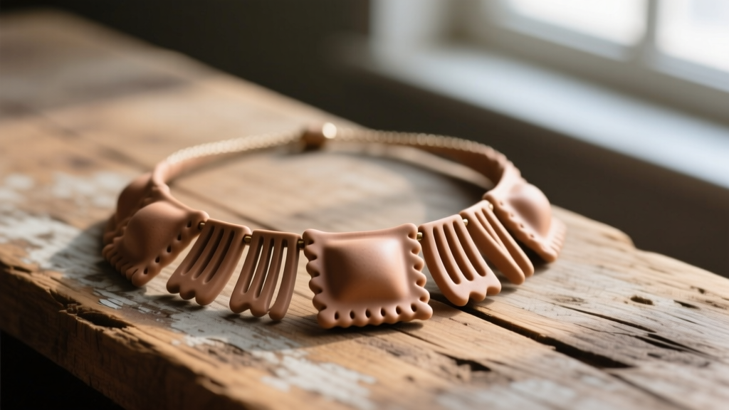 Handmade polymer clay ravioli necklace on rustic wood, showing detailed fork marks and matte finish under soft natural lighting.