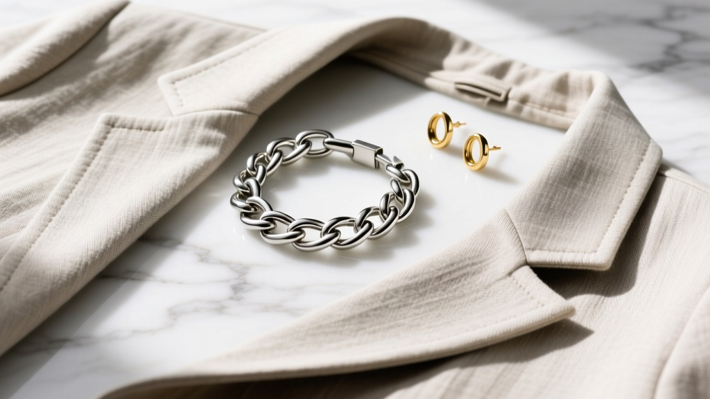 Flat lay of a chunky silver link bracelet, minimalist gold stud earrings, and a linen blazer on a marble surface, bright daylight