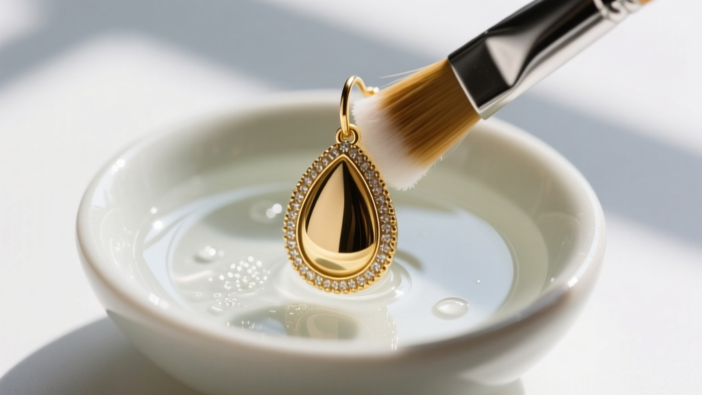 Soft bristle brush gently cleaning the milgrain details of a two-tone gold drop earring in a small bowl of mild soapy water.