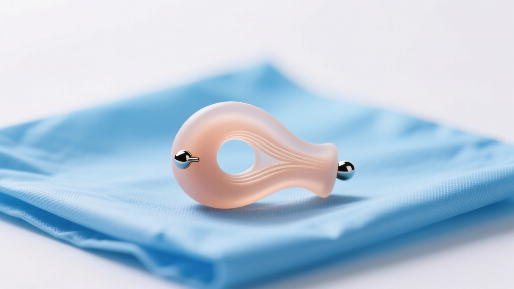 Macro shot of medical-grade silicone non piercing clitoral jewelry resting on a sterile blue drape under bright clinical lighting