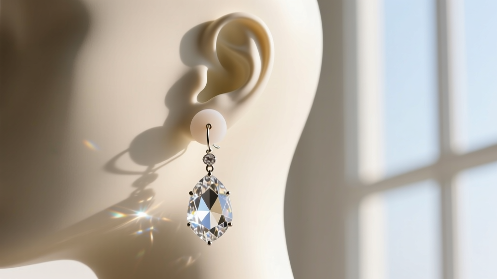 Silicone earring back supporting a heavy chandelier crystal drop earring on a mannequin ear, showing optimal weight balance
