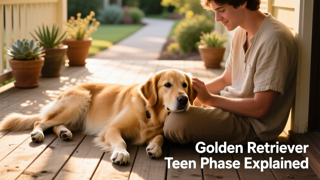 A relaxed adolescent Golden Retriever resting beside their owner on a porch, both looking content and connected