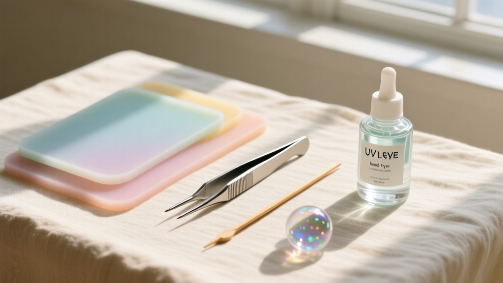 Flat lay of UV resin tools including silicone mats, precision tweezers, a toothpick for bubbles, and a bottle of hard-type resin.