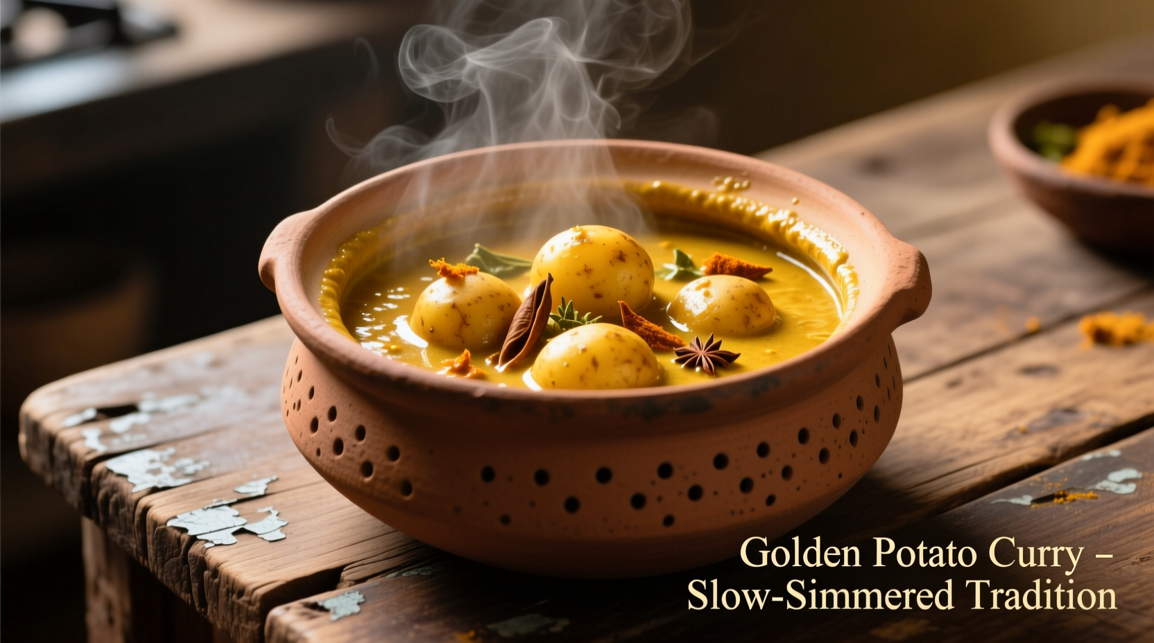 Golden potato curry simmering in traditional clay pot