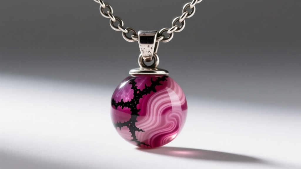Macro shot of an 8mm rhodonite bead pendant on an oxidized sterling silver rolo chain, highlighting black dendritic veins.