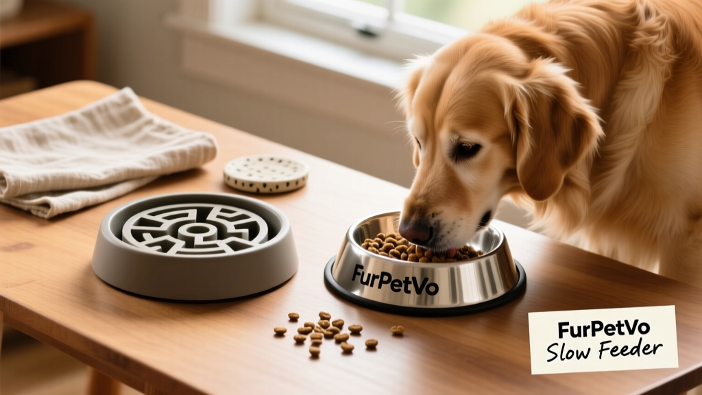 Side-by-side comparison of a standard dog bowl and a raised, maze-patterned FurPetVo slow feeder