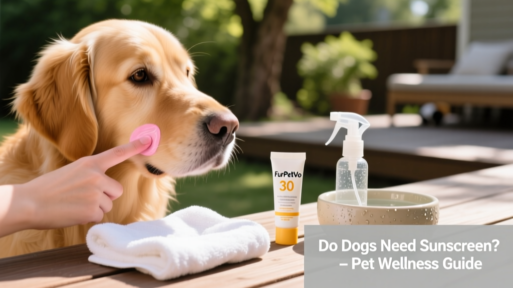 Close-up of a dog’s snout and ears with sunscreen gently applied; nearby, a FurPetVo sunscreen balm and spray sit on a towel beside a water bowl