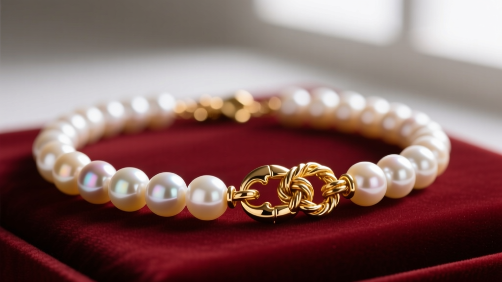 Freshwater pearl necklace on velvet showing silk knotting and a gold-filled lobster clasp under soft, warm directional lighting.