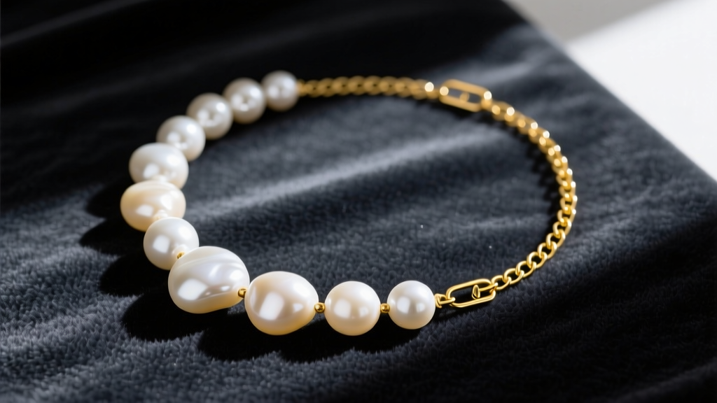 Flat lay of an asymmetrical baroque pearl choker mixed with a delicate 14k yellow gold paperclip chain on a dark velvet surface