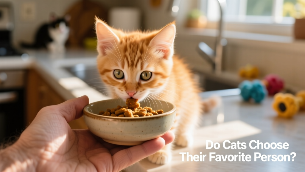 Kitten eating wet food from a bowl held by a hand