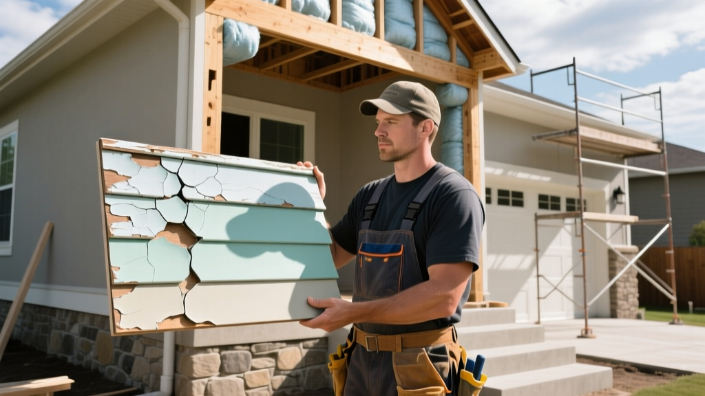 Contractor comparing weathered legacy fiber cement siding with a modern composite siding sample during a residential exterior renovation project
