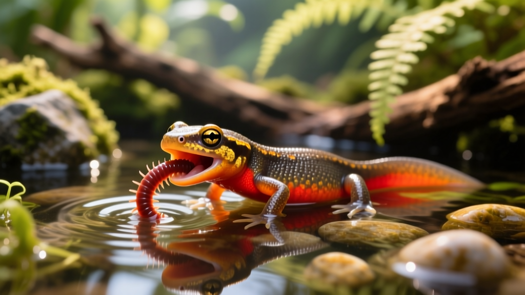 Close-up of a fire belly newt eating a bloodworm in shallow water