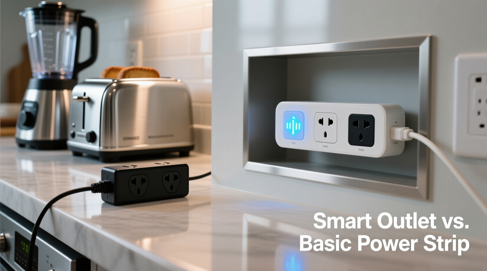 Side-by-side comparison: a basic black power strip next to a compact white smart outlet strip with blue LED indicators, both plugged into a standard kitchen countertop outlet behind a stainless steel toaster and high-speed blender. One outlet on the smart strip glows softly; the other is dark.