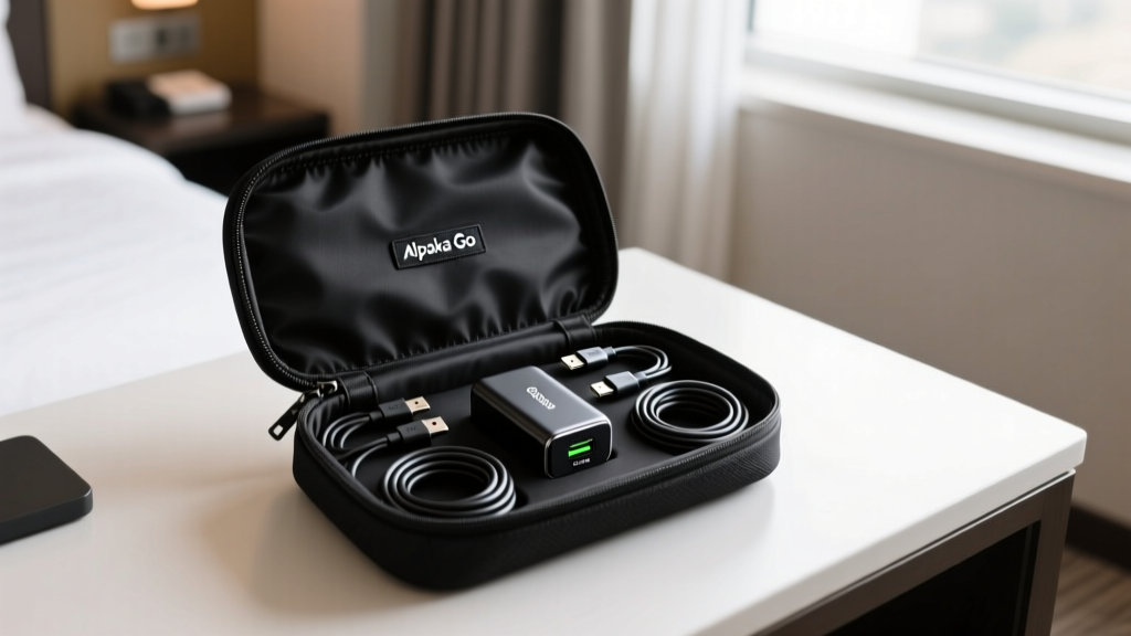 Alpaka Go Pouch Mini made of black X-Pac fabric opened on a hotel desk revealing neatly organized USB-C cables and a GaN charger
