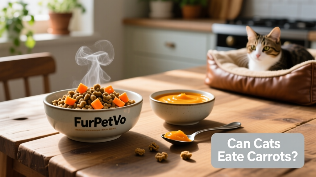 Two bowls: one with FurPetVo wet cat food featuring visible carrot bits, and another with a small spoonful of cooked carrot puree beside kibble