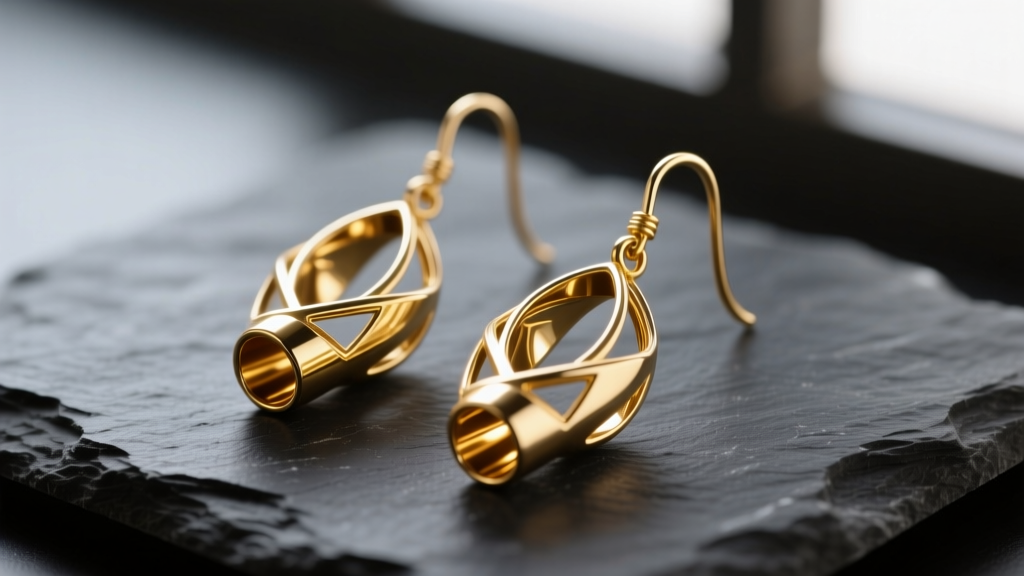 Macro shot of gold wind chime earrings with hollow tubular drops resting on dark slate under soft, directional window lighting.