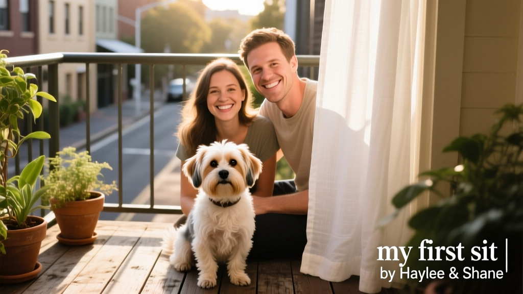 Haylee and Shane smiling beside a small, fluffy Maltese/Shih Tzu mix named Tino on a sunny Sydney balcony