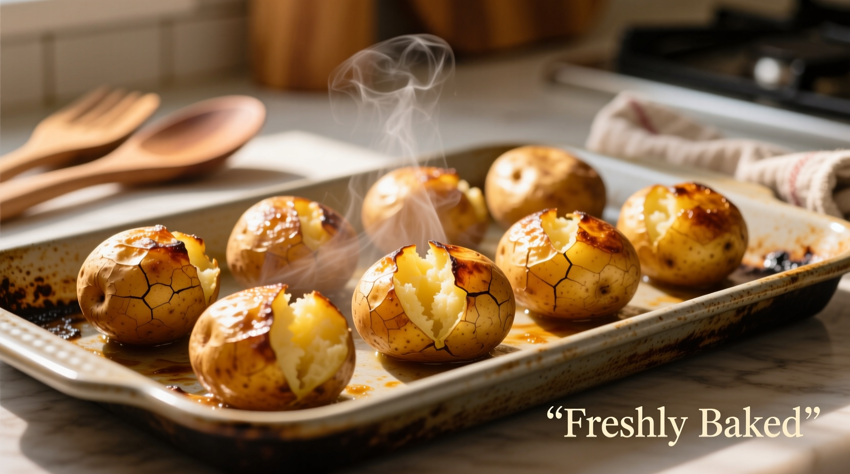 Perfectly roasted golden potatoes on baking sheet