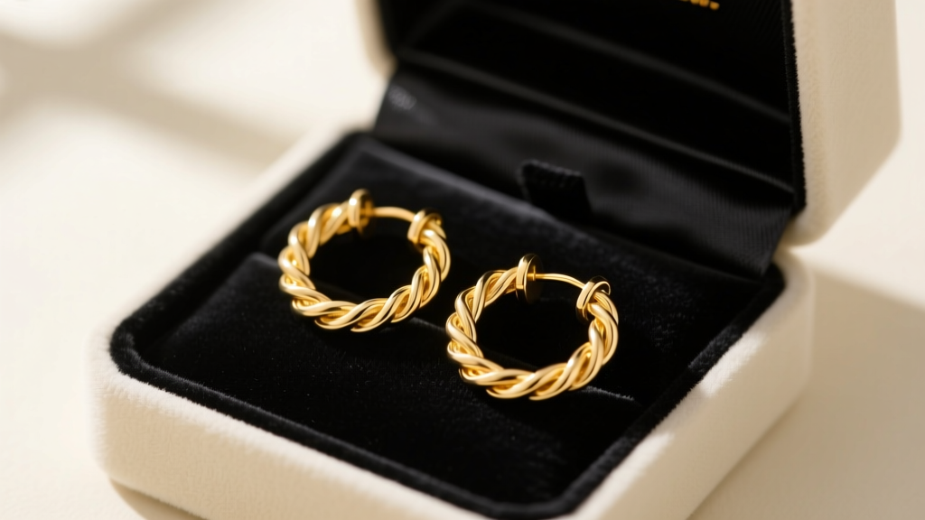 Open velvet box revealing 14k yellow gold cable hoop earrings, soft lighting highlighting the intricate twisted rope metal texture.