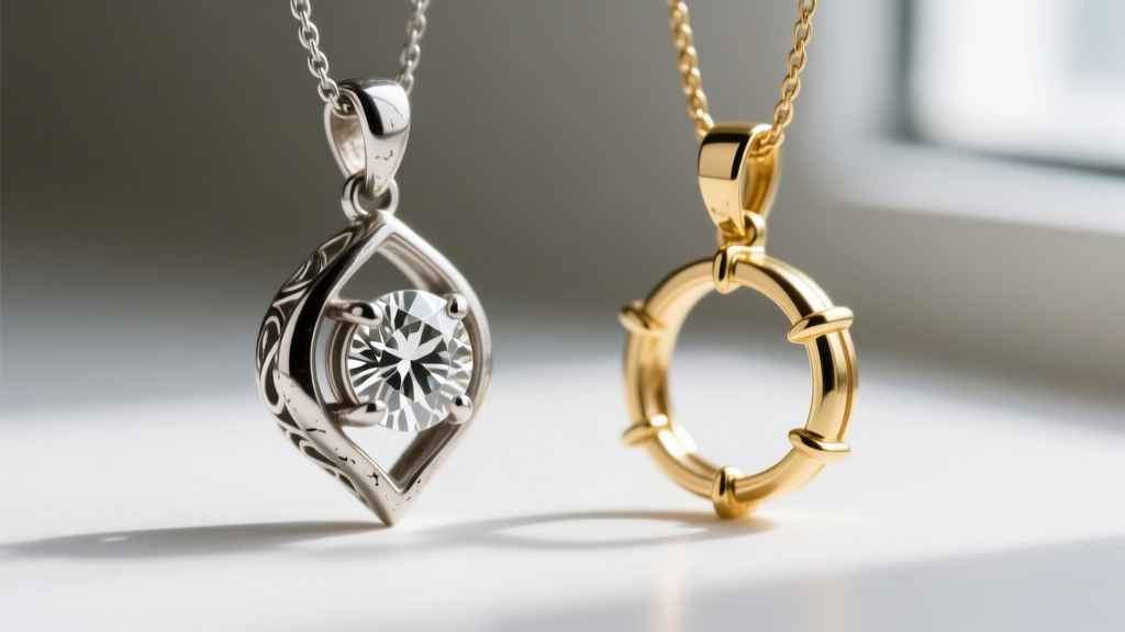 Macro photo of a vintage platinum diamond pendant beside a modern gold-plated replica, highlighting the prong setting differences