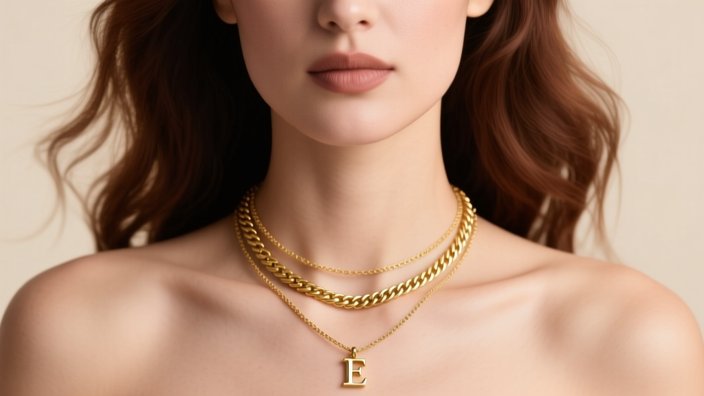 Woman wearing a layered necklace stack with a 16-inch small initial pendant and an 18-inch gold herringbone chain in soft light
