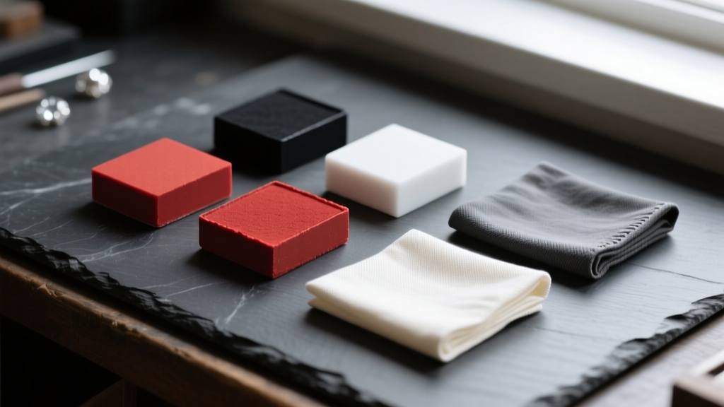 Flat lay of jewelers rouge blocks in red, black, and white beside folded anti-tarnish cloths on a dark slate jeweler work bench