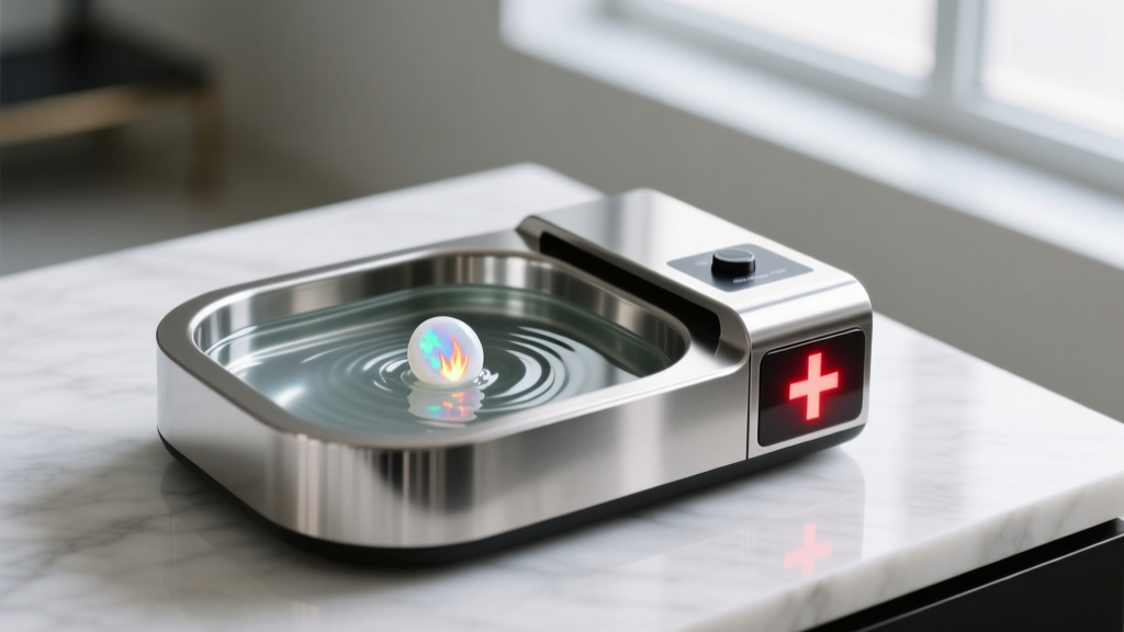 A stainless steel ultrasonic jewelry cleaner filled with water, featuring a glowing red cross symbol next to a fragile white opal
