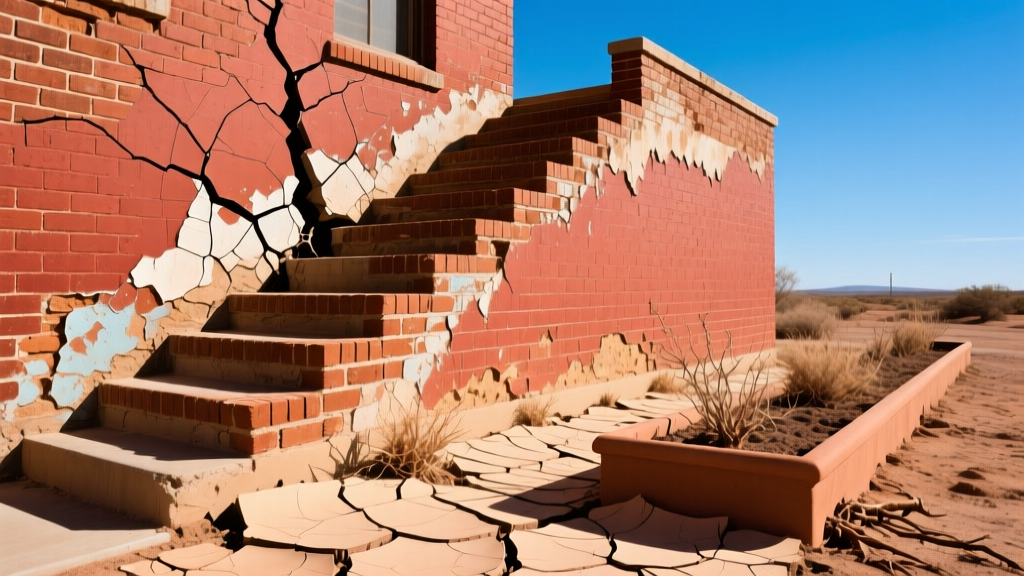 Close-up of a cracked brick exterior wall with stair-step fracturing near a dry, parched Texas clay soil flowerbed in bright sunlight