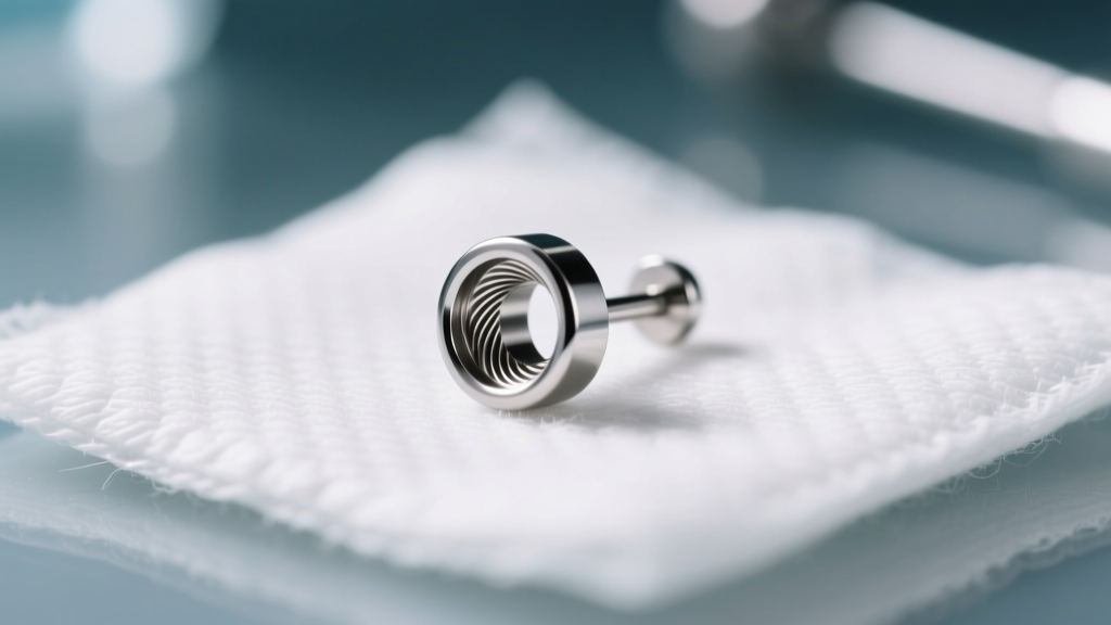 Macro photo of an implant-grade titanium internally threaded labret earring resting on sterile medical gauze pad, sharp focus.