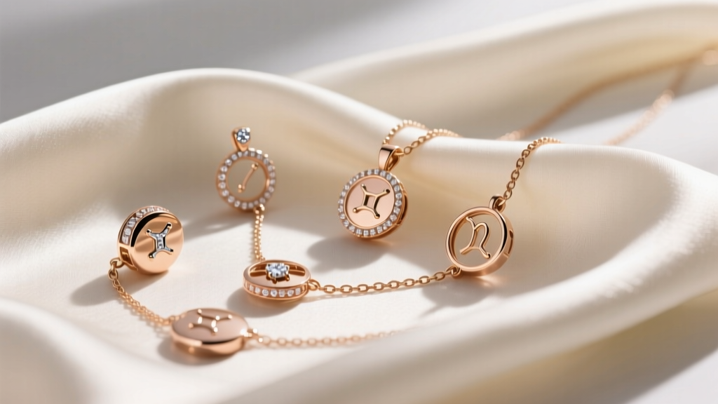 18k rose gold zodiac charms on a silk scarf, showing tiny diamond accents and fine cable chains in soft natural window light.