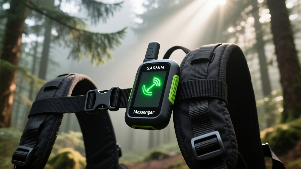 Garmin inReach Messenger clipped to a tactical backpack strap showing a green satellite connection indicator in a dense forest