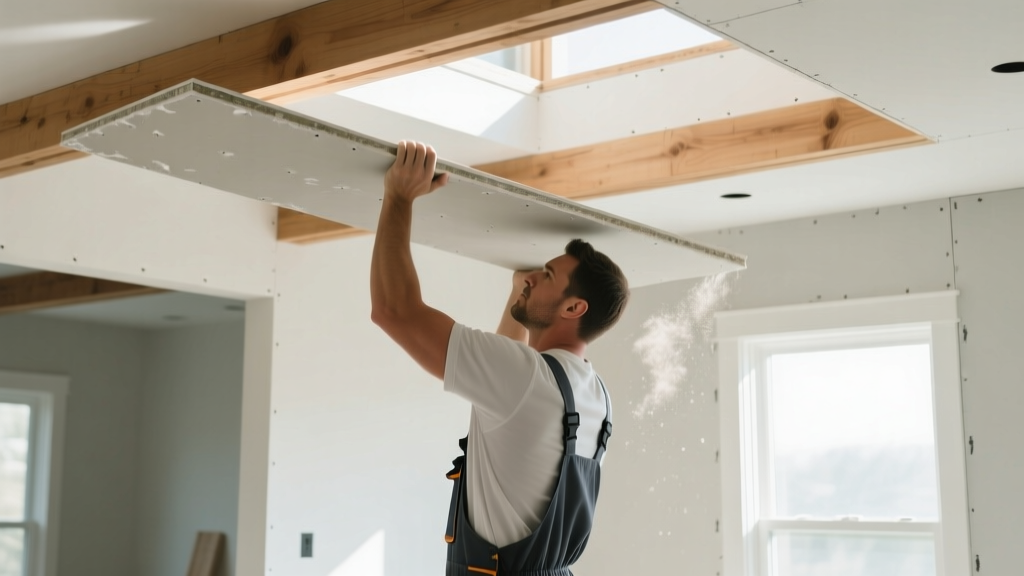 Contractor easily lifting a large sheet of light gypsum board above his head to install it on a residential ceiling frame in a bright room