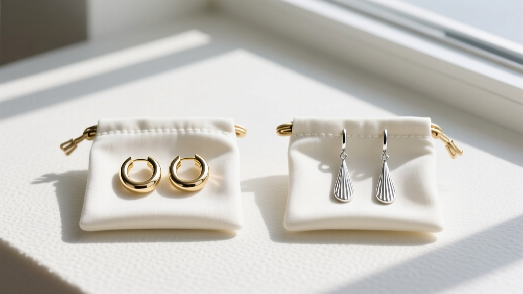 Flat lay of separated jewelry storage showing 14k white gold huggies in one anti-tarnish pouch and sterling silver drops in another bag