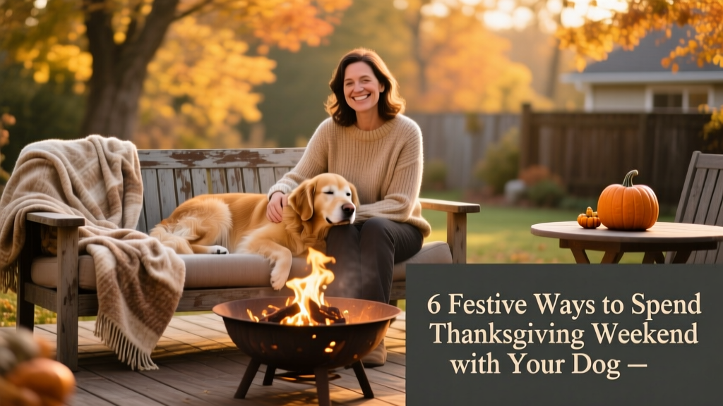 A cozy backyard scene with a small fire pit, blankets, and a dog resting beside their owner