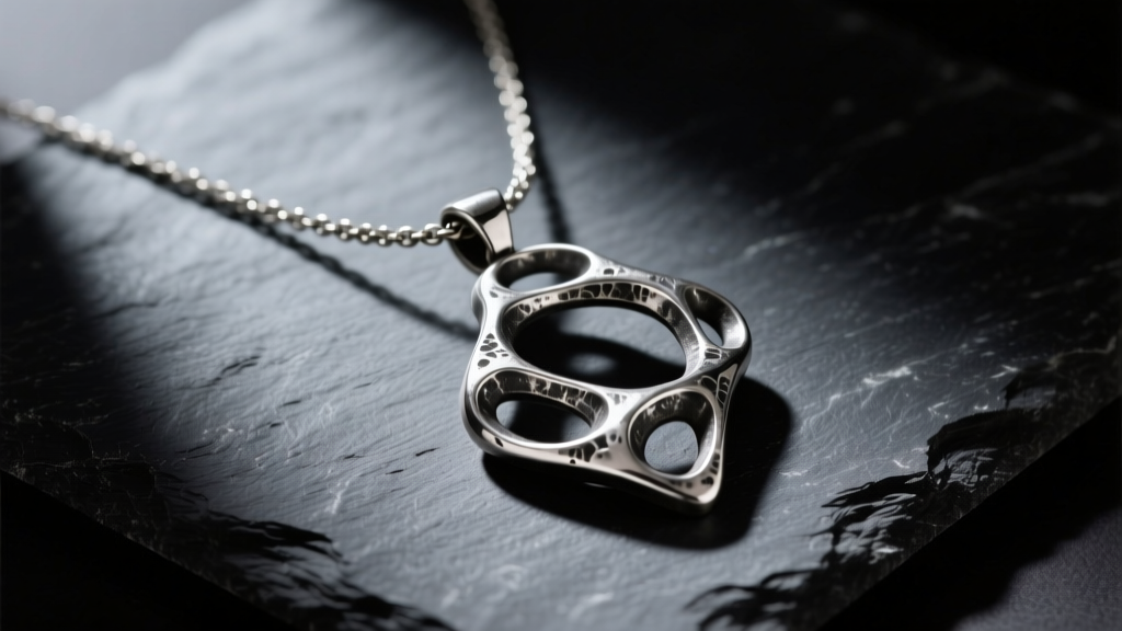 Sculptural Harry Poupon pendant necklace in oxidized sterling silver on dark slate under moody directional studio lighting.