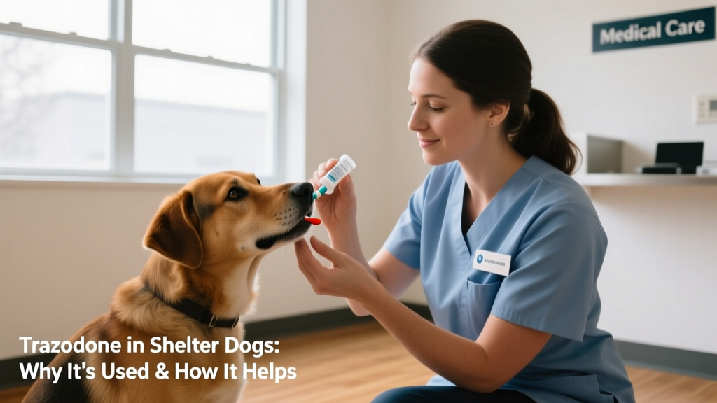Shelter staff gently administering oral medication to a calm, cooperative dog during intake