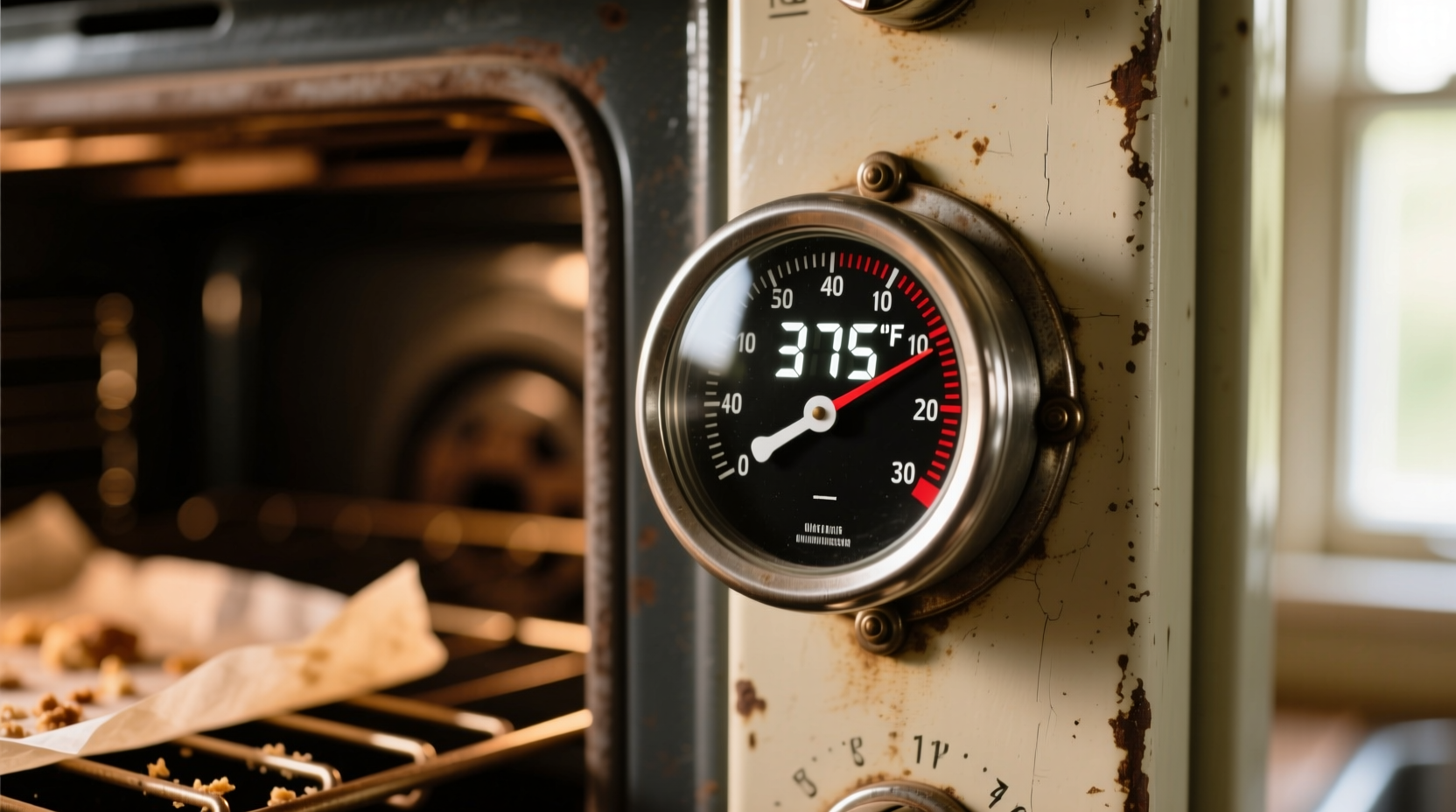 Oven thermometer showing 375 degrees Fahrenheit
