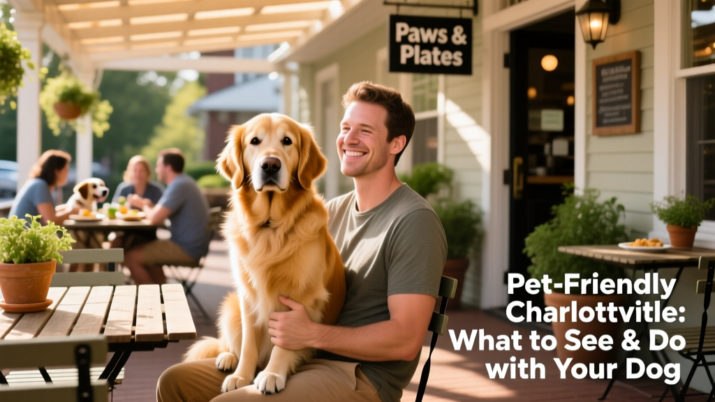 A dog sits comfortably on an owner's lap at a sunny, dog-friendly restaurant patio in Charlottesville