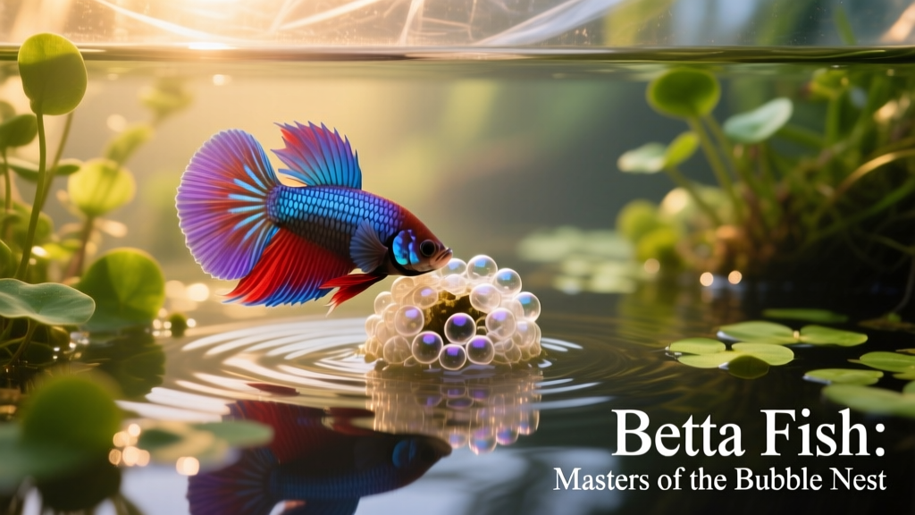 A male betta tending a bubblenest at the water's surface among floating plants