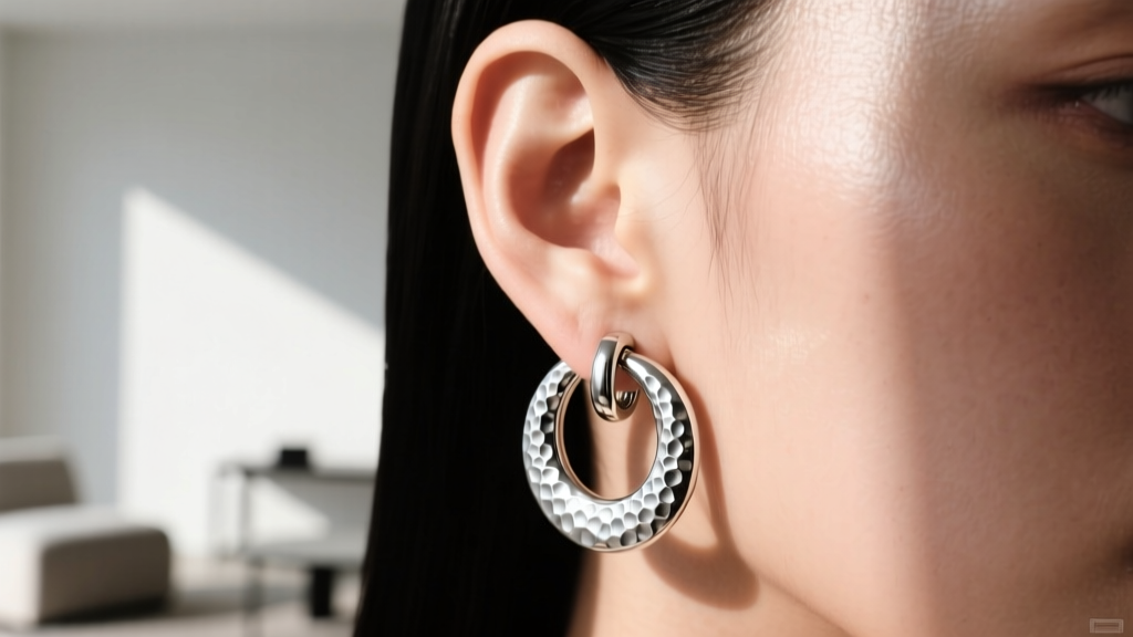 Close-up of a styled ear featuring a large 60mm textured silver hoop paired with a small silver huggie, natural daylight setting